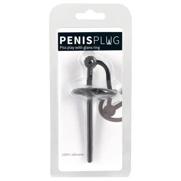 Penisplug - siliconen eikelring met holle urinaire staaf (zwart)