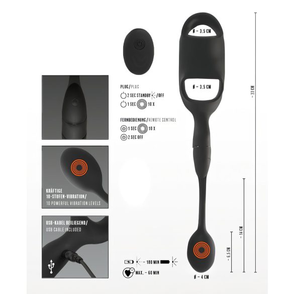 Rebel - penis- en balzakring met anale vibrator (zwart)