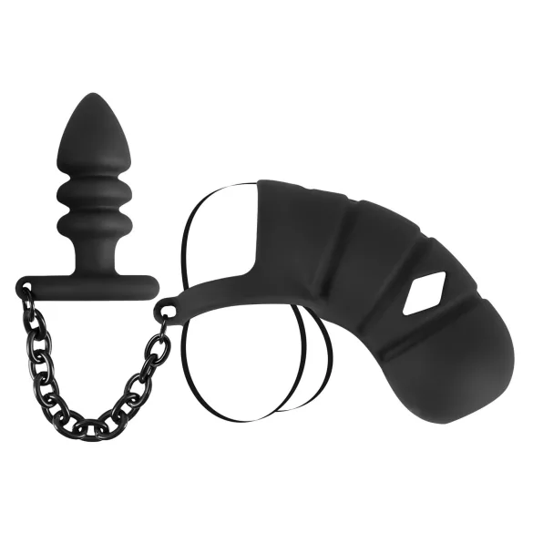 Black Velvets - siliconen peniskooi met buttplug (zwart)