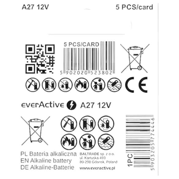 12V-batterij (27A, MN27) voor afstandsbediening (1 stuks)