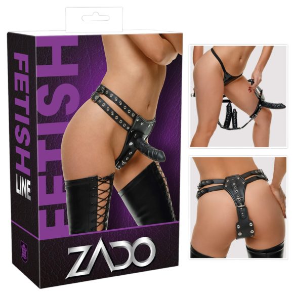 ZADO - Lederen harness met 2 interne dildo's (zwart)