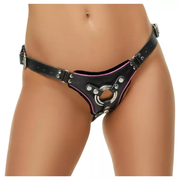 ZADO - zwarte leren slip met harnas voor opzetdildo BDSM (S-L)