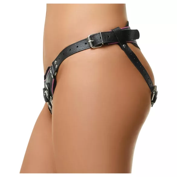 ZADO - zwarte leren slip met harnas voor opzetdildo BDSM (S-L)