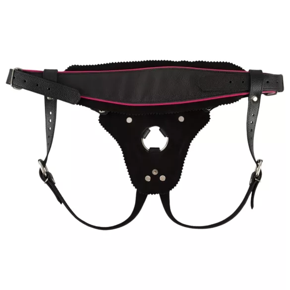 ZADO - zwarte leren slip met harnas voor opzetdildo BDSM (S-L)
