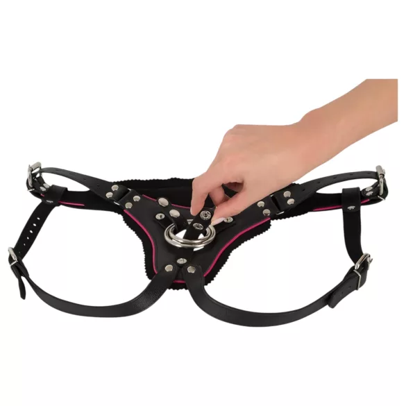 ZADO - zwarte leren slip met harnas voor opzetdildo BDSM (S-L)
