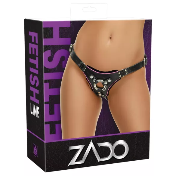 ZADO - zwarte leren slip met harnas voor opzetdildo BDSM (S-L)