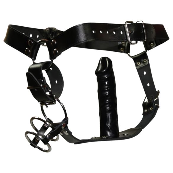 ZADO - Leren string met dildo en 3 penisringen - L/XL