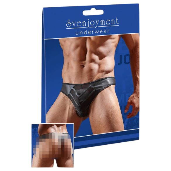 Glanzende mannenstring met transparant inzetstuk (zwart)