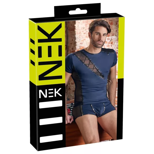NEK - heren top - vetersluiting en netstof inzet - zwart/blauw