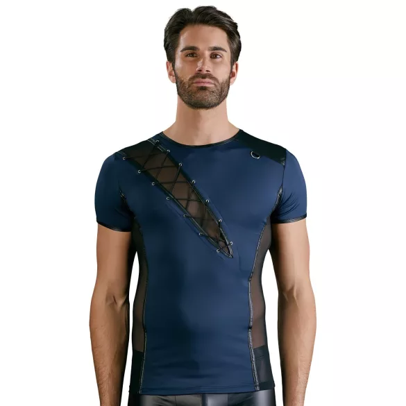NEK - heren top - vetersluiting en netstof inzet - zwart/blauw