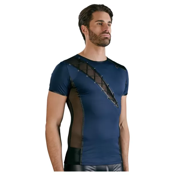 NEK - heren top - vetersluiting en netstof inzet - zwart/blauw