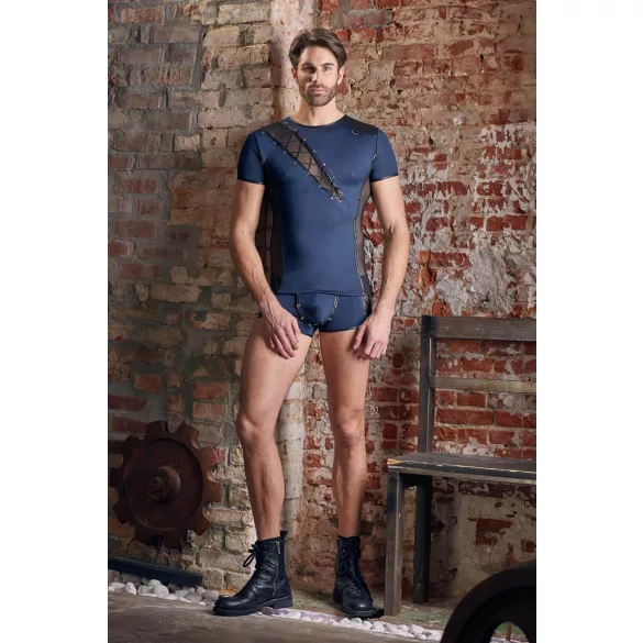 NEK - heren top - vetersluiting en netstof inzet - zwart/blauw
