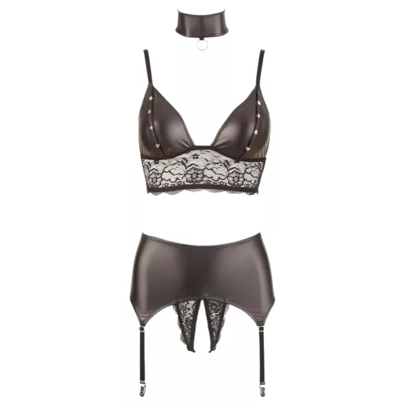Cottelli Bondage - lingerie set - kant, glanzend, 4-delig, zwart - L