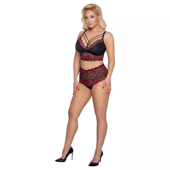 Cottelli Curvies - bloemenkant lingerie set (zwart) - 2XL