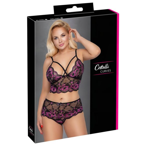 Cottelli Plus Size - Bloemige BH Set (Zwart-Paars)
