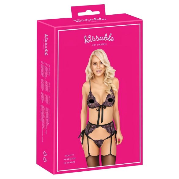 Kissable - Zwart Bh-setje met Roze & Paarse Borduursels