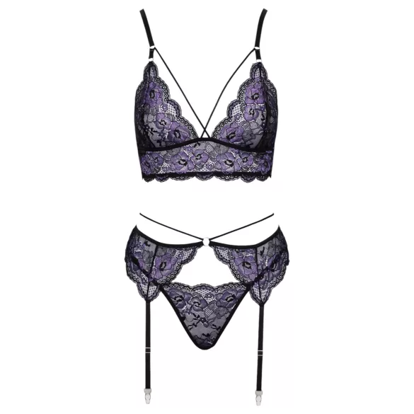 Cottelli - 3-delige kanten lingerie set (zwart-violet) - XL