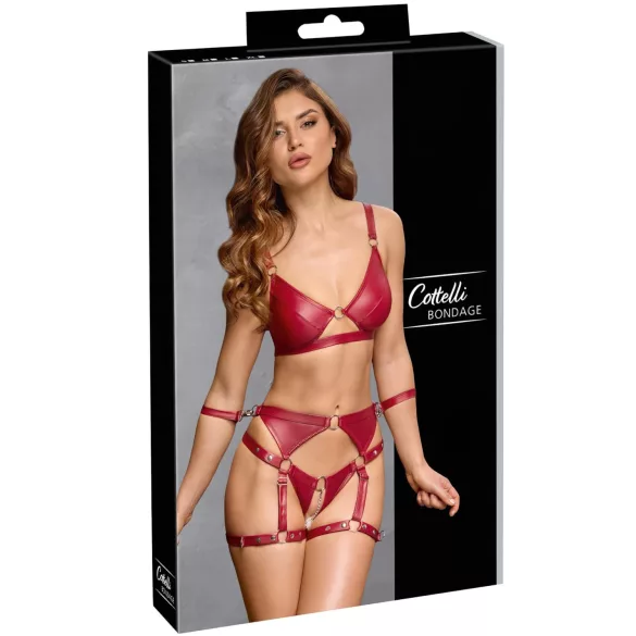 Cottelli Bondage - Glanzend BH-set & polsboeien (rood) - XL