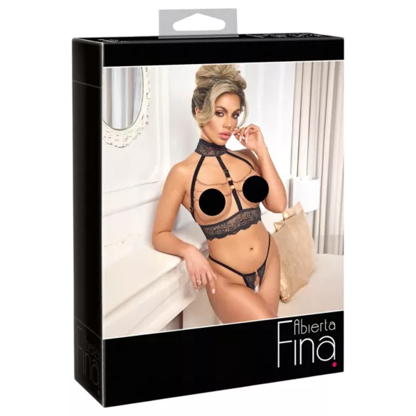 Abierta Fina - open lingerie set met kettingen - zwart - L