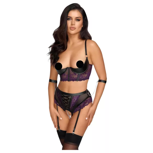 Cottelli Bondage - bh-set en armboeien (zwart-paars)