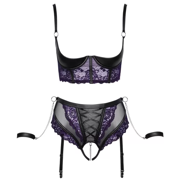 Cottelli Bondage - bh-set en armboeien (zwart-paars)