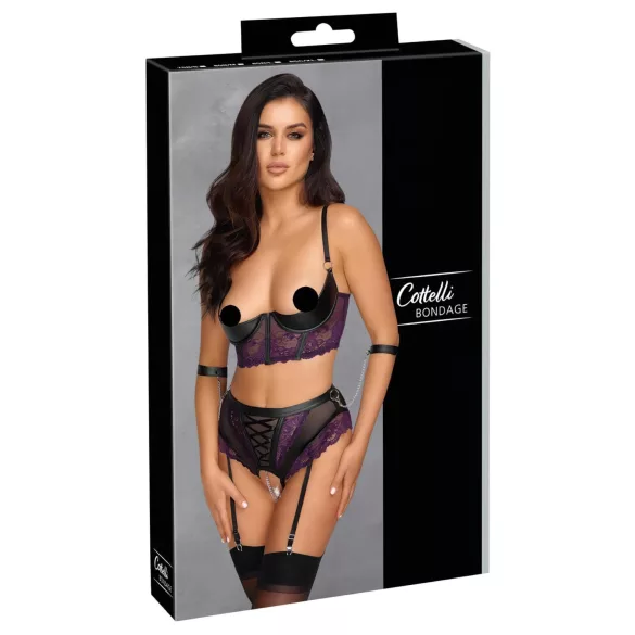 Cottelli Bondage - bh-set en armboeien (zwart-paars) - M
