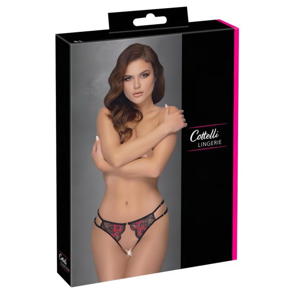 Cottelli - Rozenmotief, open damesstring - zwart - (S-L)