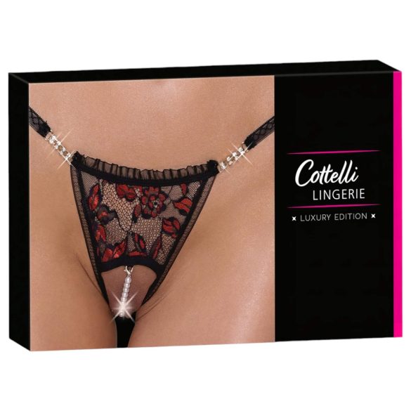 Cottelli - Luxe string met parels en rozen (zwart)