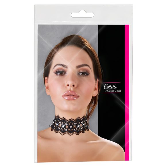 Cottelli - Kanten ketting met parels en strass (zwart)