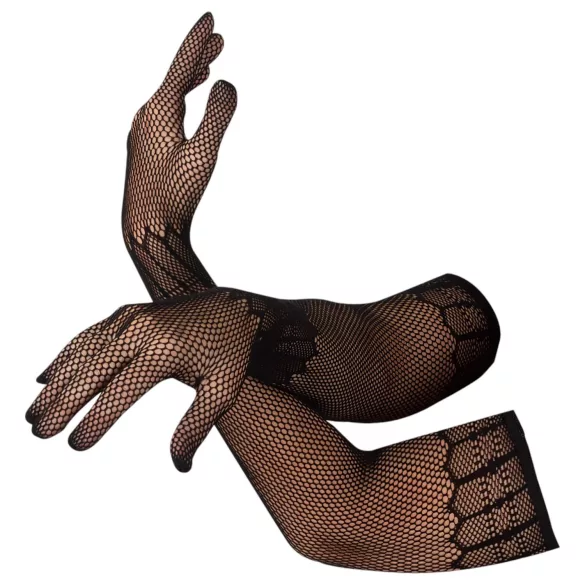 Cottelli Collection - lange, zwarte netkous-handschoenen met patroon (S-L)