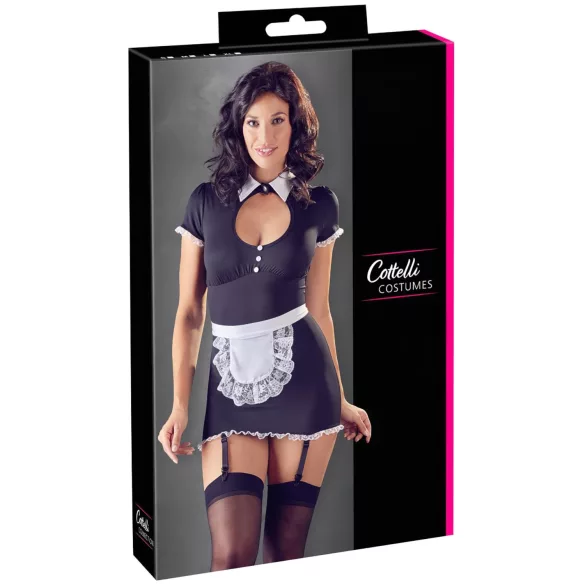 Cottelli - lingerie jurkje met jarretels - zwart/wit - kamermeisje - XL