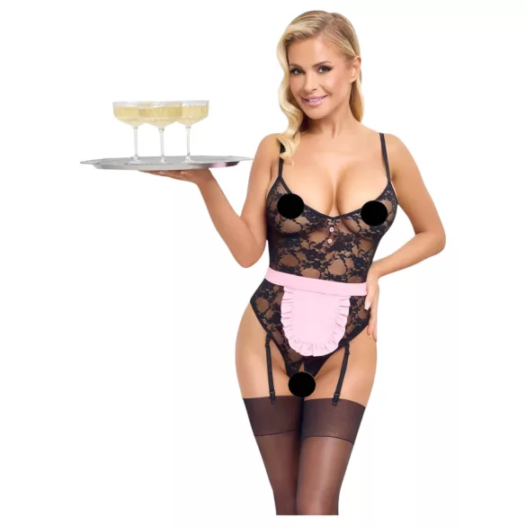 Cottelli - doorzichtige kamermeisje outfit - zwart/roze