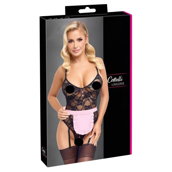 Cottelli - doorzichtige kamermeisje outfit - zwart/roze