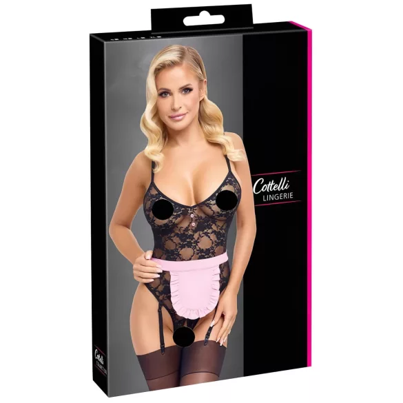 Cottelli - doorzichtige kamermeisje outfit - zwart/roze