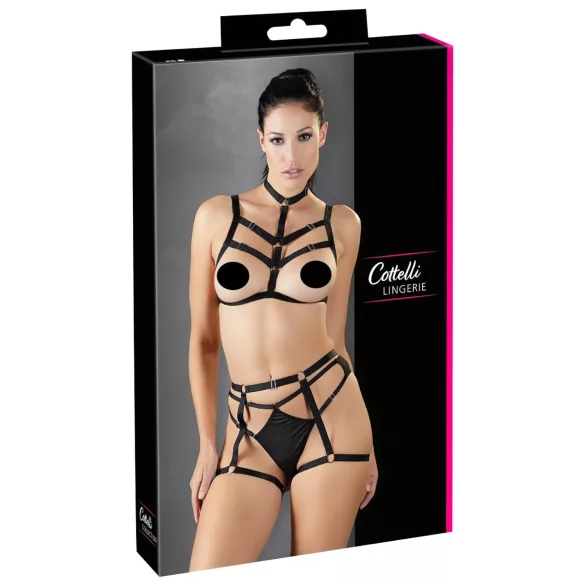 Cottelli - zwarte sierlijke bodyharnas lingerie‑trio (S‑L)