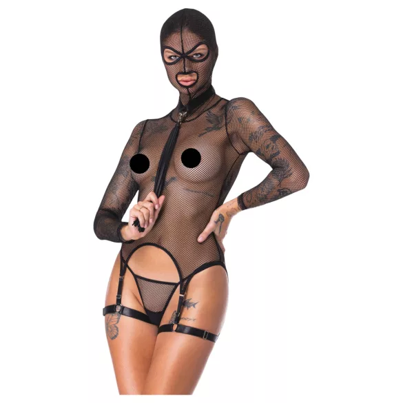 Bad Kitty - BDSM doorschijnende netset met zweep (zwart)