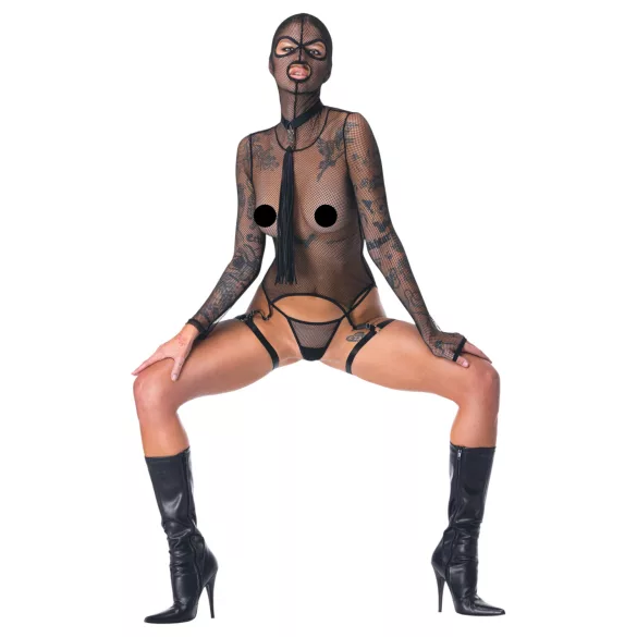 Bad Kitty - BDSM doorschijnende netset met zweep (zwart) - L