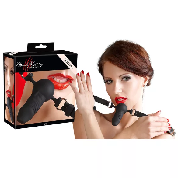 Bad Kitty - siliconen mondknevel met kleine dildo - zwart