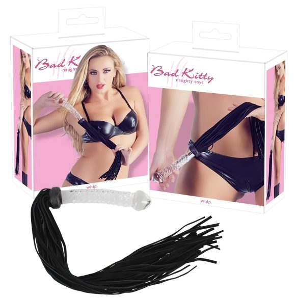 Bad Kitty - zweep met glazen dildo - transparant zwart - leer