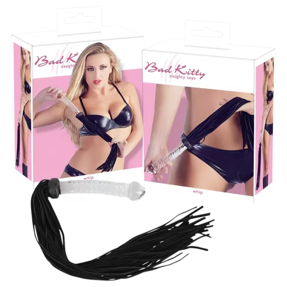Bad Kitty - zweep met glazen dildo - transparant zwart - leer