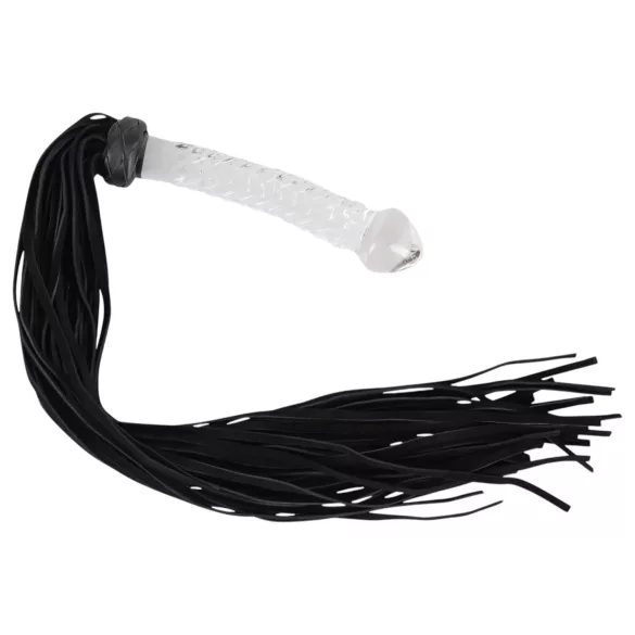 Bad Kitty - zweep met glazen dildo - transparant zwart - leer