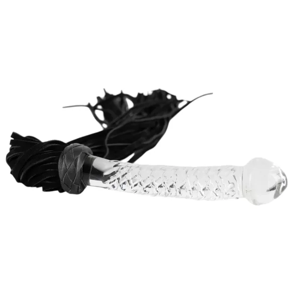 Bad Kitty - zweep met glazen dildo - transparant zwart - leer