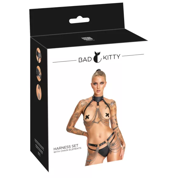Bad Kitty - 3-delige zwarte harnasset met borst- en heupriem (S-L)