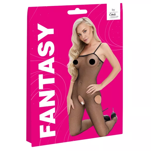 Cottelli Fantasy - zwarte netstof catsuit met open kruis en heupuitsnijdingen (S-L)