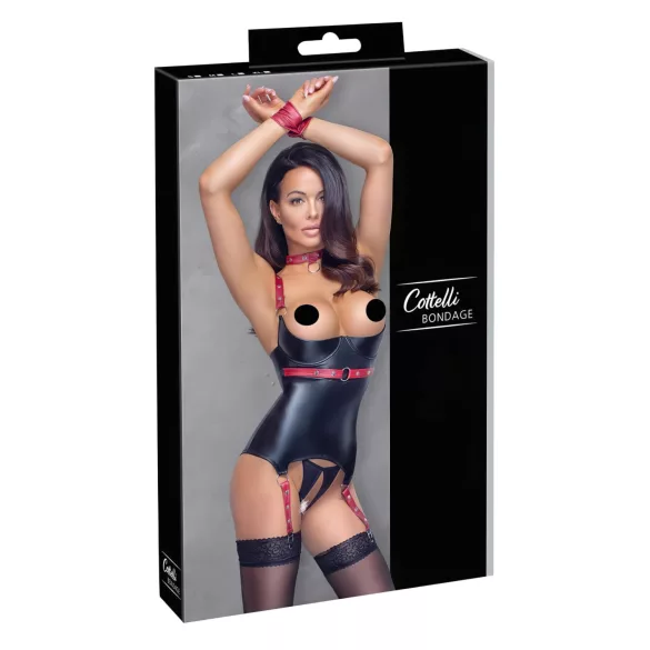 Cottelli Bondage - Lakleren beha top met halsband - Zwart - M