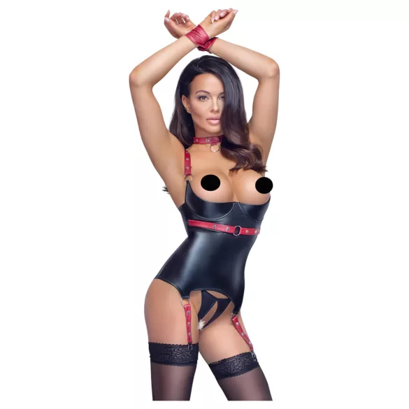 Cottelli Bondage - Lakleren beha top met halsband - Zwart - XL