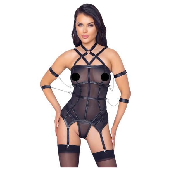 Cottelli Bondage - Top, polsbanden & tanga (zwart) - M