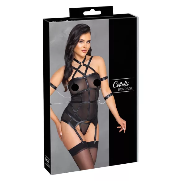 Cottelli Bondage - harnas top, armbanden en string (zwart) - M