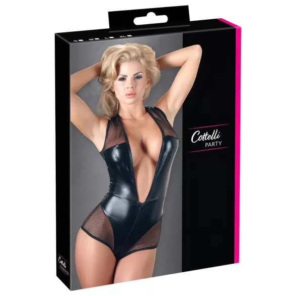 Cottelli - neglige body - glanzend netstof - zwart - M