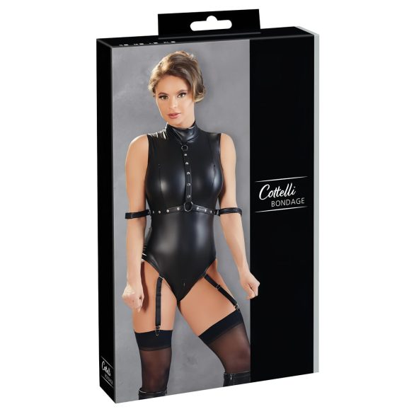 Cottelli Bondage - Glanzend mouwloos body met armboeien (zwart)